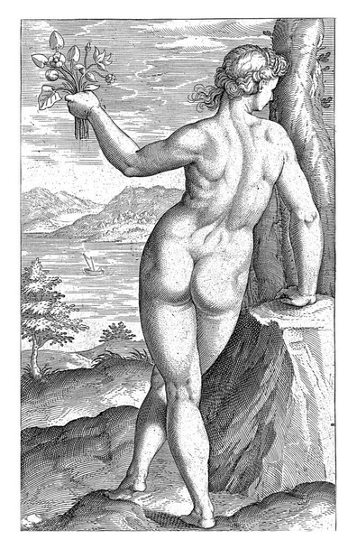 Nymphe d'eau Ambracia, Philips Galle, 1587 La Nymphe d'eau Ambracia (golfe d'Arta). Un bouquet de fleurs à la main. L'estampe fait partie d'une série en dix-sept parties sur les nymphes de cours d'eau et d'eau. - Photo, image