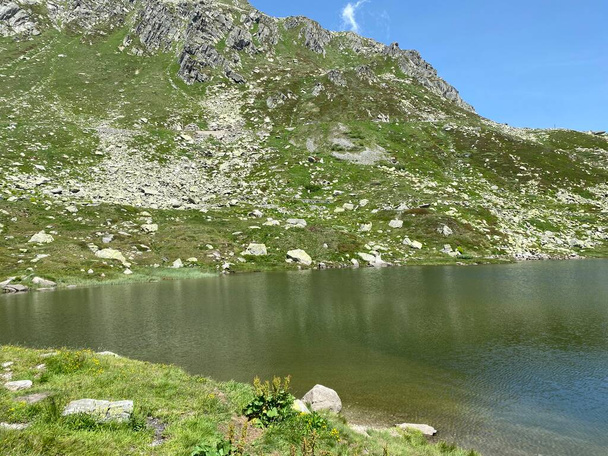 Summer atmosphere on the Lago dei Morti or Lake of the Dead (Totensee) in the Swiss alpine area of mountain St. Gotthard Pass (Gotthardpass), Airolo - Canton of Ticino (Tessin), Switzerland (Schweiz) - Photo, Image