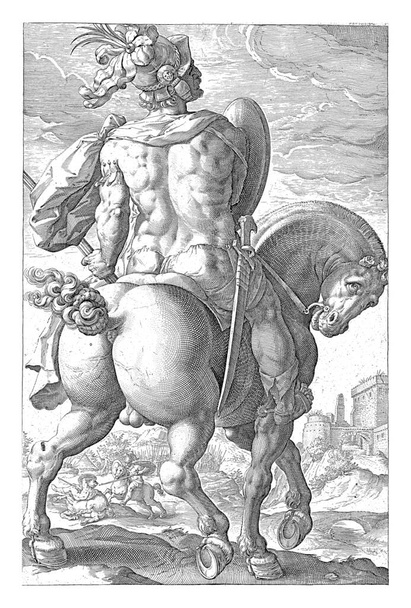Bohater Titus Manlius na koniu, widziany z tyłu. W tle widać, jak pokonuje przeciwnika na koniu. Poniżej występ dwa razy dwie linie wersu w języku łacińskim. - Zdjęcie, obraz