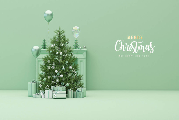 A beautiful living room decorated with pastel green fireplace, gift box for Christmas. Stage for holiday winter concept and poster, banner, studio. Concept of Happy New Year 2023. 3D render - Photo, Image