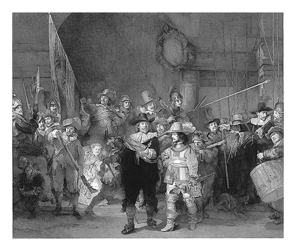 The Corporalship of Captain Frans Banninck Cocq and Lieutenant Willem van Ruytenburch, known as the 'Night Watch', Johann Wilhelm Kaiser (I), after Rembrandt van Rijn, 1863 - Foto, afbeelding