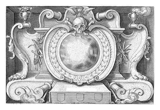 Cartouche avec crâne, Hendrick Hondius (I) (attribution rejetée), 1649 Un cartouche sur un piédestal avec le texte : Finis. Au sommet un crâne avec sablier. - Photo, image