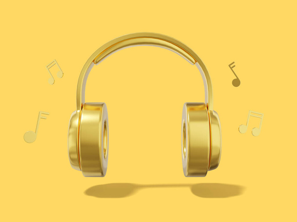 3d rendering. Realistic golden headphones with musical notes on yellow background. Front view - Zdjęcie, obraz