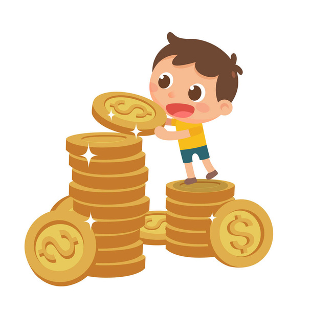 Lovely kid saving money coins-a child stands on the coins and holds a coin. A flat illustration. - Foto, afbeelding