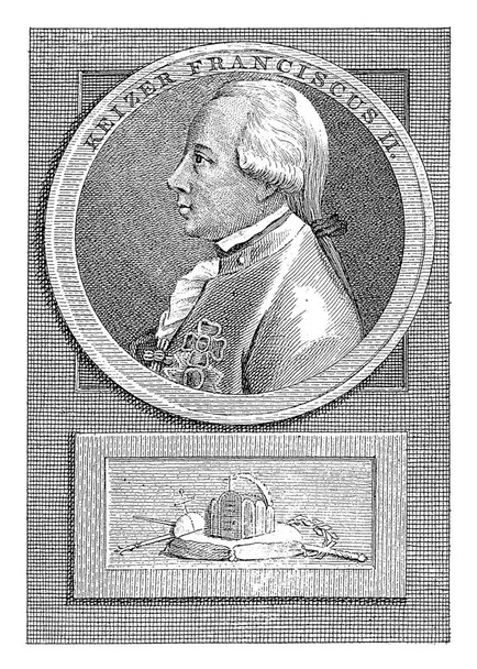 Retrato de Francisco II Josef Karel, imperador romano-alemão. Abaixo do retrato três coroas, um cetro e orbe em uma almofada. - Foto, Imagem