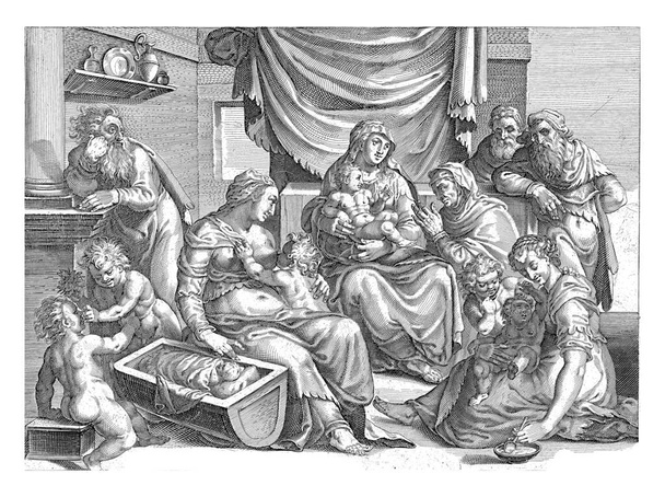 Sagrada Familia, Bartolomé Willemsz. Dolendo, después de Michiel Coxie (I), 1589 - 1626 La Sagrada Familia con Santa Ana y otras mujeres, hombres y niños en una sala de estar. - Foto, imagen