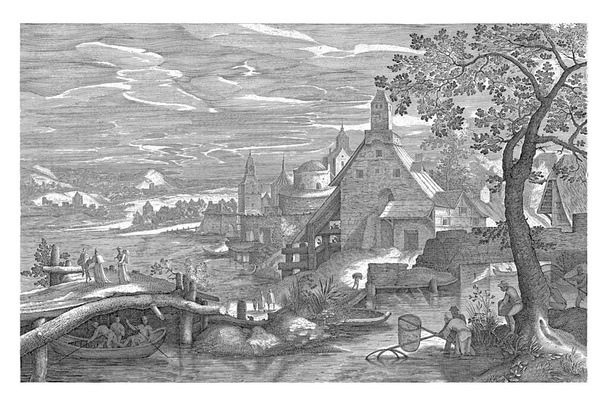 Landscape with a few farmhouses and a river. On the left two seated figures under a tree. Below the performance a text in Latin. Print from a series of the four seasons. - Photo, Image