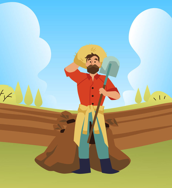 Farmer man working with shovel on the field, flat vector illustration. Cartoon character harvesting. Concepts of agriculture and farming. - Vecteur, image