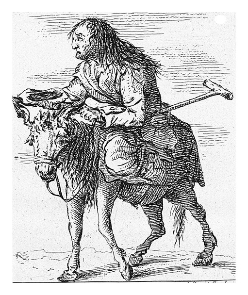 Un vieil homme avec une béquille s'assoit sur un âne et tient son chapeau dans un geste de mendicité. Ci-dessous les quatre lignes de poésie en néerlandais. - Photo, image