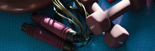 Sports accessories for home fitness dumbbells and skipping rope. Daily workout concept - Photo, Image
