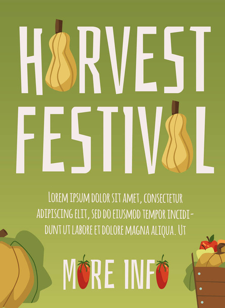 Harvest festival poster with fresh pumpkins and apples basket, flat vector illustration. Autumn harvest festival advertising banner. - Vecteur, image