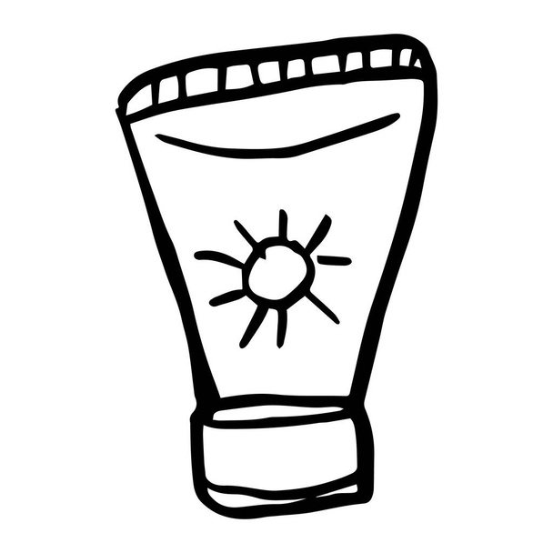 Die Tube von Sonnencreme-Doodle Skizze Vektor Illustration, SPF Sonnenschutzkonzept. Vektorillustration - Vektor, Bild