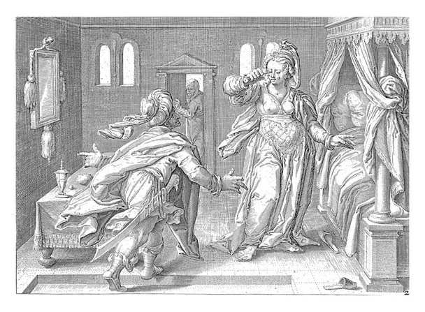 Lucretia seisoo sängyn vieressä makuuhuoneessaan. Hänet raiskasi Sixtus, tyranni Tarquiniuksen poika. Hän häpeää silmiään.. - Valokuva, kuva