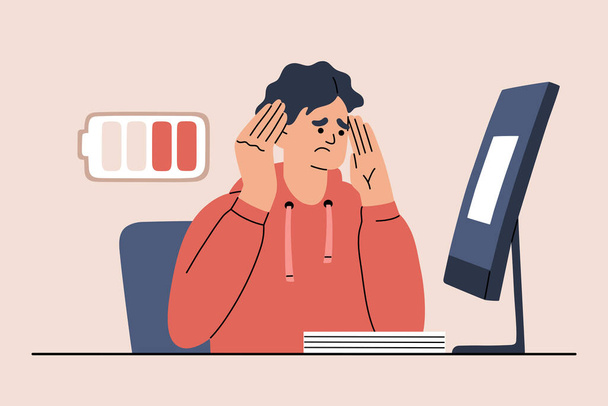 Exhausted tired worker at a computer with low energy needs rest. Man has frustration and stress. Burnout and overworked. Hand drawn vector illustration isolated on color background, flat cartoon style - Vector, Image