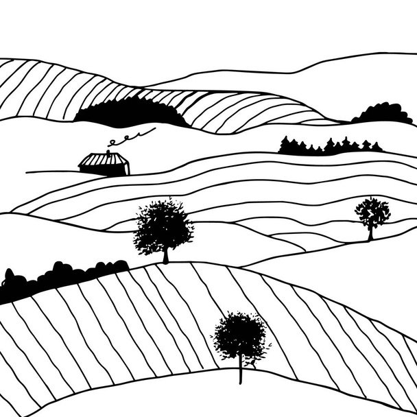Schwarz-weiße, handgezeichnete Landschaften. Graphische Vektorillustration Italienische Landschaft - Vektor, Bild