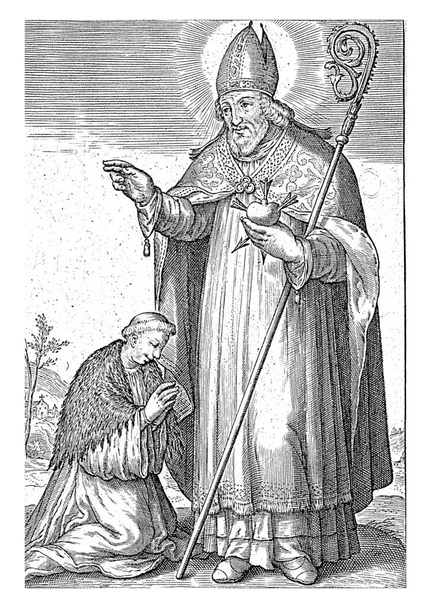 Święty Augustyn, z miter i crosier i przebitym sercem w ręku. Przed nim klęczący ksiądz.. - Zdjęcie, obraz