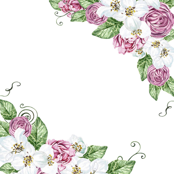 Çiçek açan kiraz çiçekleri ve güller, yeşil yapraklar. Çiçekli düğün kartı. Suluboya çizimi - Fotoğraf, Görsel
