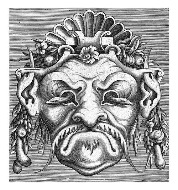 Het masker heeft een schelp op zijn hoofd en fruitslingers op zijn oren. Een van de 14 vellen uit een serie van 18 getiteld 'Ingenieuze voorgeschiedenis van verschillende manieren van maskers.' - Foto, afbeelding