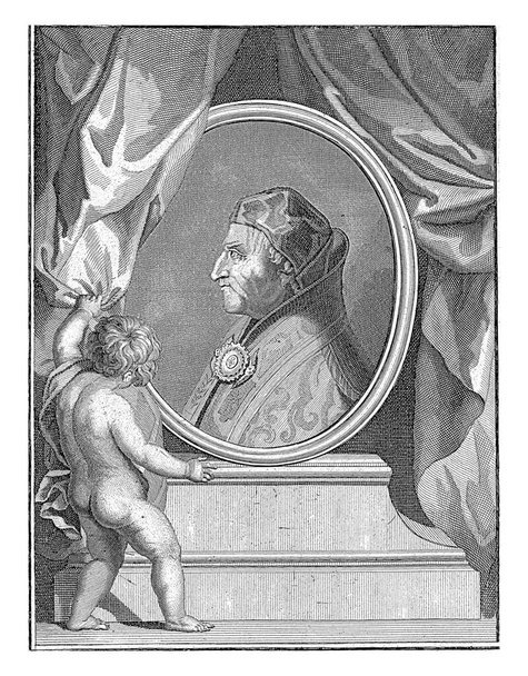 Büste von Papst Pius II, mit Tarnmuster. Das Porträt ist in einen ovalen Rahmen gesetzt. In einem Rahmen auf dem Sockel eine dreizeilige Bildunterschrift in Französisch. - Foto, Bild