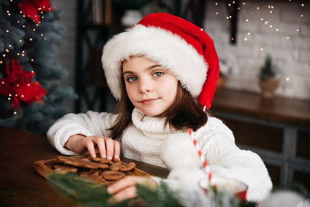 Merry Christmas and Happy Holidays. Cute child girl eating ginger cookies. Little kid having fun near Christmas tree indoors. Funny girl in Santa hat near Christmas tree waiting for Santa Claus - Foto, Imagem