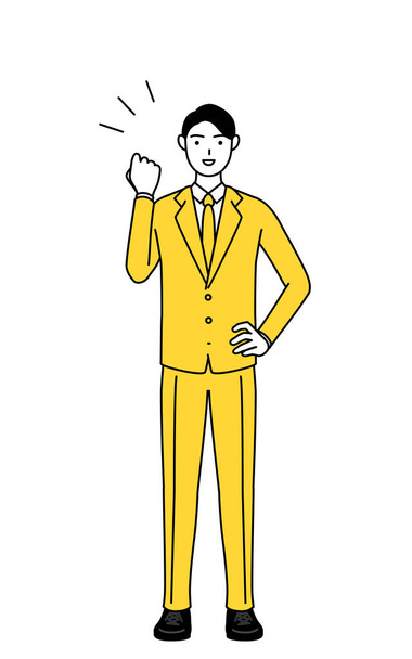 直感的にポーズをとるスーツ姿のビジネスマンのシンプルな線画. - ベクター画像