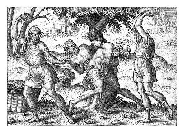 lapidación de los ancianos, Abraham de Bruyn, 1570 Los dos ancianos están atados a un árbol y apedreados por dos verdugos. La impresión tiene un título en latín. - Foto, imagen