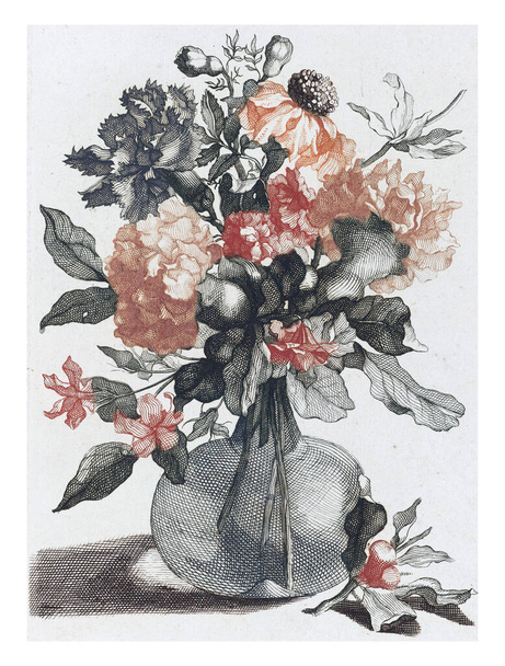 Five Prints of Flowers in Glass Vases, anonymous, after Jean Baptiste Monnoyer, 1688 - 1698, vintage engraved. - Fotografie, Obrázek