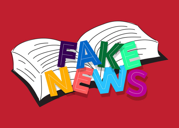Fake News Wort auf einem Buch, Zeichentrickvektorillustration. - Vektor, Bild