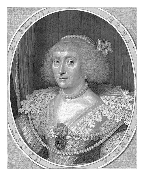 Retrato de Elisabeth Stuart, Elector Palatino, Reina de Bohemia, 33 años, pieza en el pecho con cuello de encaje, casco y cordones de perlas. - Foto, Imagen