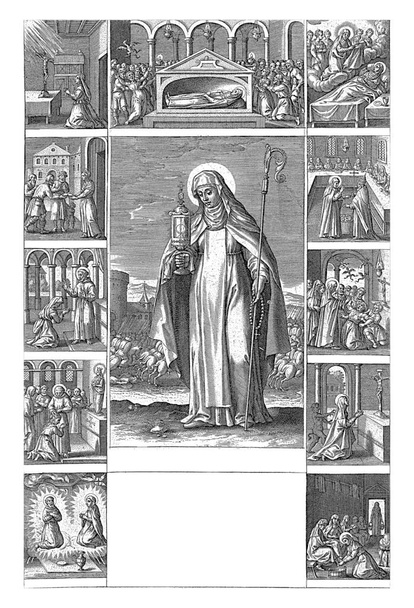 Santa Chiara con un bastone badessa nella mano sinistra e un ostensorio nella destra. Sullo sfondo l'espulsione dei Saraceni dal Monastero di San Damiano. - Foto, immagini