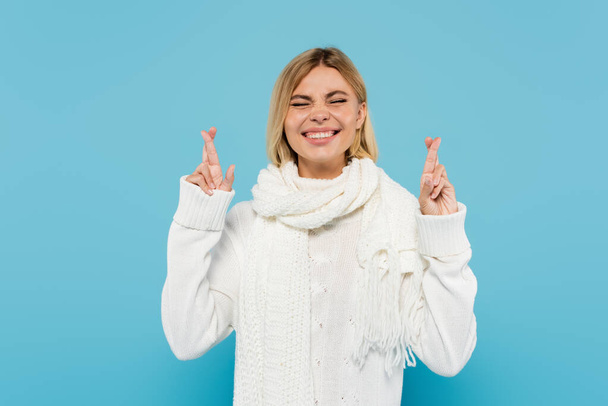 весела блондинка в білому светрі і шарфі, що перетинає пальці ізольовані на синьому
 - Фото, зображення