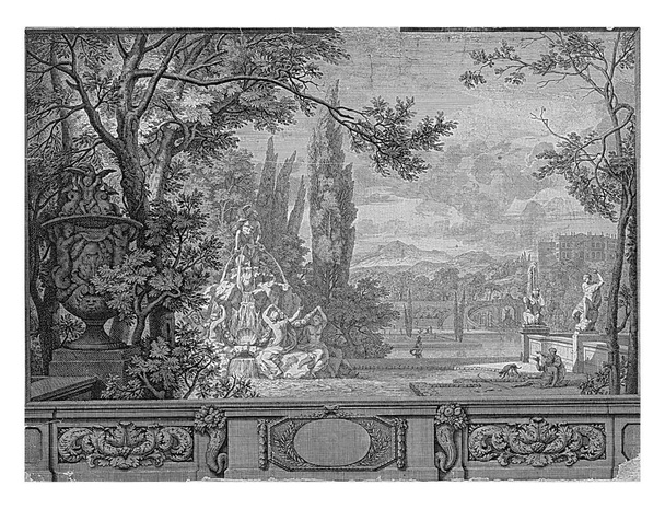 Vista de um jardim com um vaso de jardim em primeiro plano à esquerda, coroado com Amor e golfinhos. No centro uma fonte cercada por ninfas que sustentam grinaldas. - Foto, Imagem