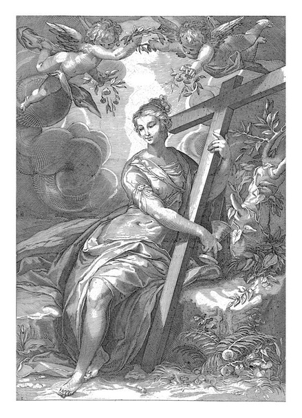 La personificación femenina de la Fe, una de las tres virtudes divinas, con una cruz y cáliz en sus manos. Putti volando sobre su cabeza con una corona de laurel y flores. - Foto, Imagen