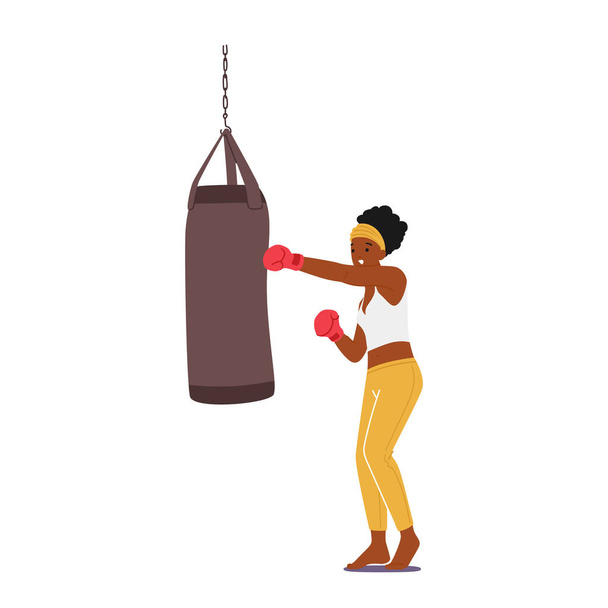 ボクシンググローブの女性キャラクターパンチバッグトレーニングヒット自己防衛練習のためのヒットや戦闘競争への準備。フィットネスワークアウト,スポーツ,格闘演習.漫画ベクターイラスト - ベクター画像