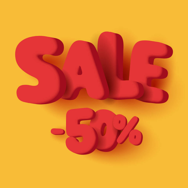 Sale 3d letters rounded with fifty percent off, render cartoon label on yellow backdrop - Vecteur, image
