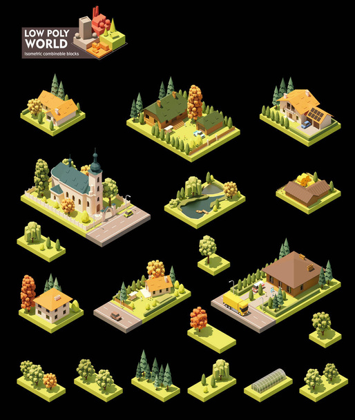 Vector isometric world map creation set. Combinable map elements. Small town or village buildings and houses, church or cathedral building, pond, lake, trees - Vector, Image