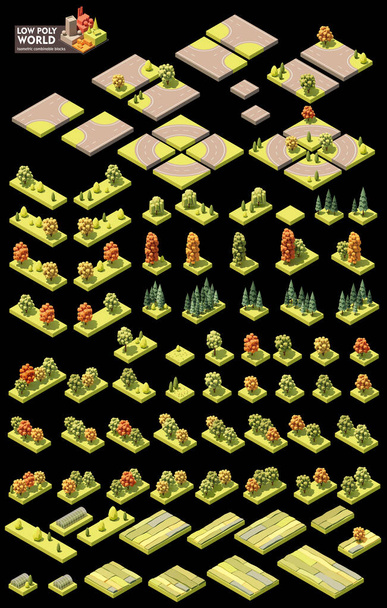 Vektor-isometrisches Weltkartenerstellungsset. Kombinierbare Kartenelemente. Verschiedene Bäume, Straßenelemente, Gewächshaus - Vektor, Bild