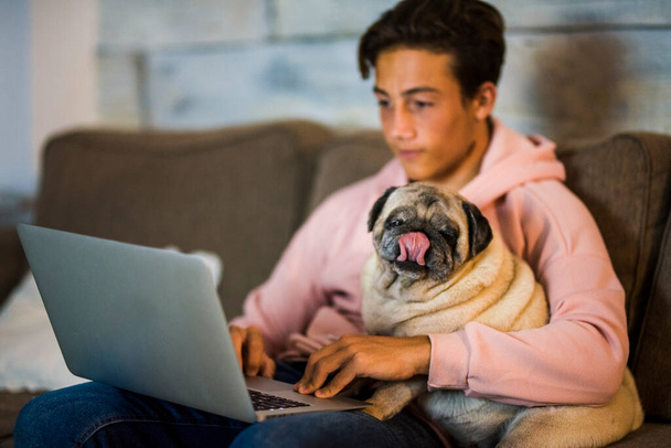 Teenager zu Hause mit Laptop auf dem Sofa, neben ihm ein Mops - beste Freunde auf dem Sofa umarmt  - Foto, Bild