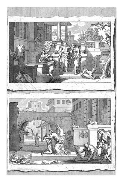 Uitwijzing van Hagar en Ismael en de terugkeer van de verloren zoon Pieter van den Berge, naar Gerard de Lairesse, 1694 - 1737 Een prent met twee taferelen onder elkaar. - Foto, afbeelding