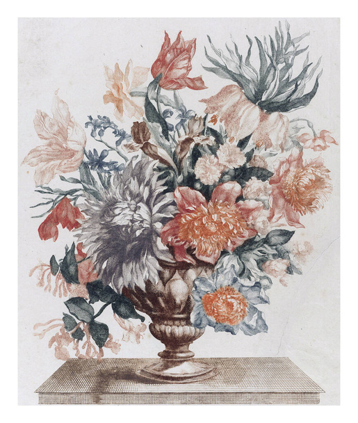 Stone vase with flowers on a plateau, anonymous, after Jean Baptiste Monnoyer, 1688 - 1698, vintage engraved. - Fotografie, Obrázek