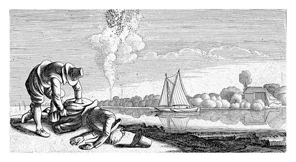 Paisaje fluvial con un hombre muerto robado, Jan van de Velde (II), 1603 - 1652 Un hombre muerto en la orilla de un río es robado. Un velero en el río y una columna de humo en el horizonte. - Foto, imagen