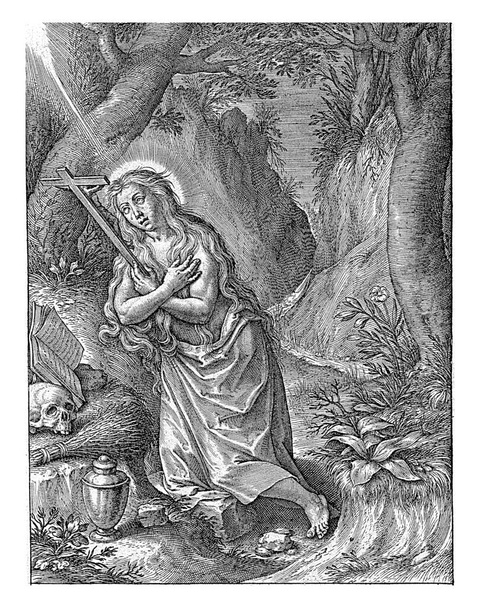 The penitent Mary Magdalene kneeling in the woods, crucifix in hand, arms crossed in front of her chest. In front of her an open book, a skull and her jar of ointment. - Photo, Image