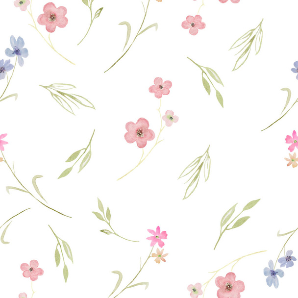 Watercolor gentle seamless pattern with abstract flowers, green leaves, branches. Hand drawn floral illustration isolated on white background. For packaging, wrapping design or print. Vector EPS. - Vector, Image