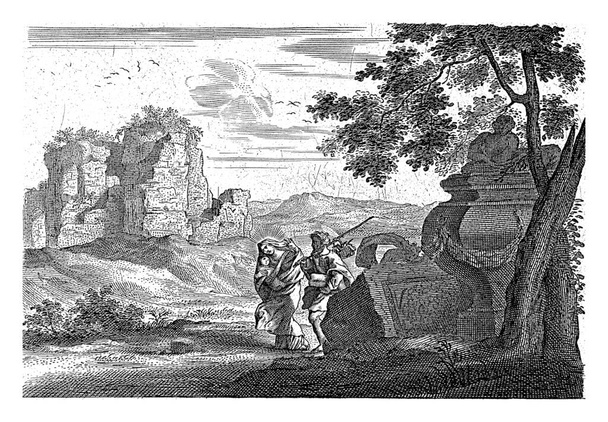Sainte Famille à pied fuyant en Egypte, Cornelis Galle (II), 1638 - 1678 Marie et Joseph et l'Enfant Christ marchent à travers un paysage avec des ruines romaines en route vers l'Egypte. - Photo, image