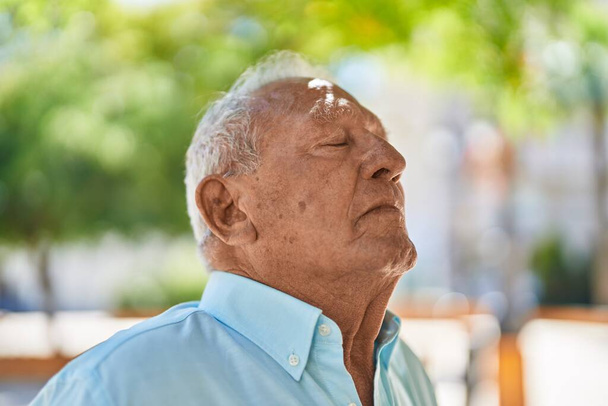 Starszy siwowłosy mężczyzna oddycha w parku - Zdjęcie, obraz