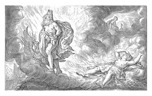 Júpiter con corona en la cabeza y junto a él su atributo el águila, huye de la madre de Baco, Semele, que es consumida por el rayo de Júpiter. - Foto, imagen