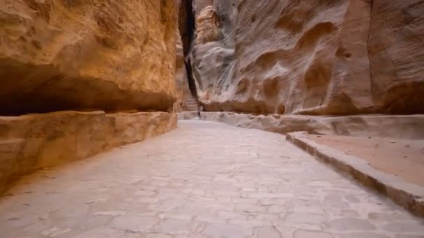 Ein Spaziergang im Siq, der engen steinernen Schlucht, die als Eingangspassage zur versteckten Stadt Petra in Jordanien dient - Filmmaterial, Video