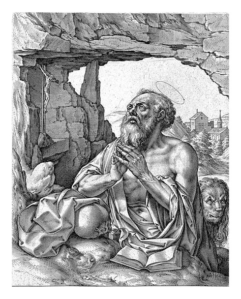 Tövbekar Hieronymus, Hieronymus Wierix, 1563 'te Frans Crabbe van Espleghem' den sonra, 1586 'da Saint Jerome bir kayadaki haçın önünde diz çökmeden önce. Önünde bir kafatası ve açık bir kitap var.. - Fotoğraf, Görsel