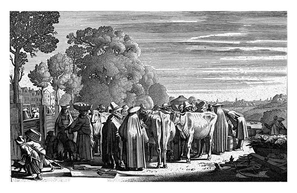 Earth (Terra), Jan van de Velde (II), después de Willem Pietersz. Buytewech, 1603 - 1641 Paisaje que representa el elemento de la tierra: una parte de un mercado donde se negocian los rendimientos de la tierra. - Foto, imagen