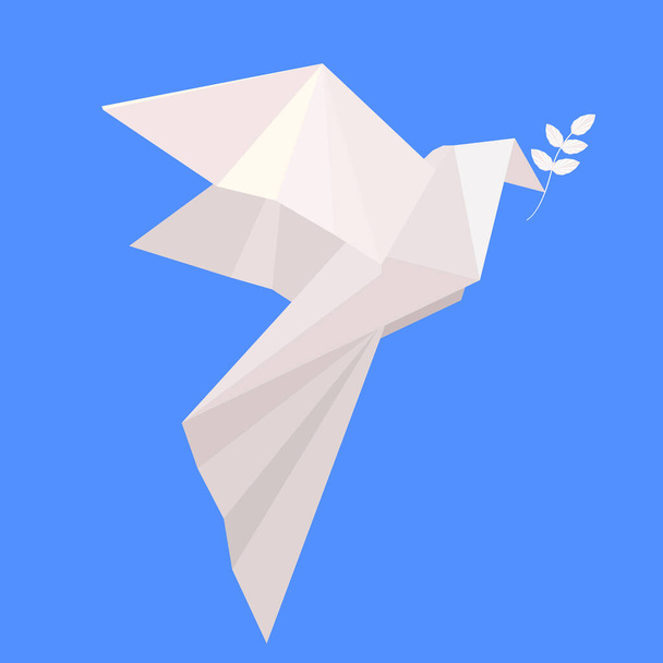 Vector white origami dove of peace with a branch on a blue background. Paper bird figurine. Symbol of freedom. - Vektori, kuva